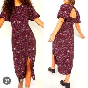 Old Navy Burgundy Bitsy Floral Puff Sleeve Midi Dress L Cutout Back NWT Prairie